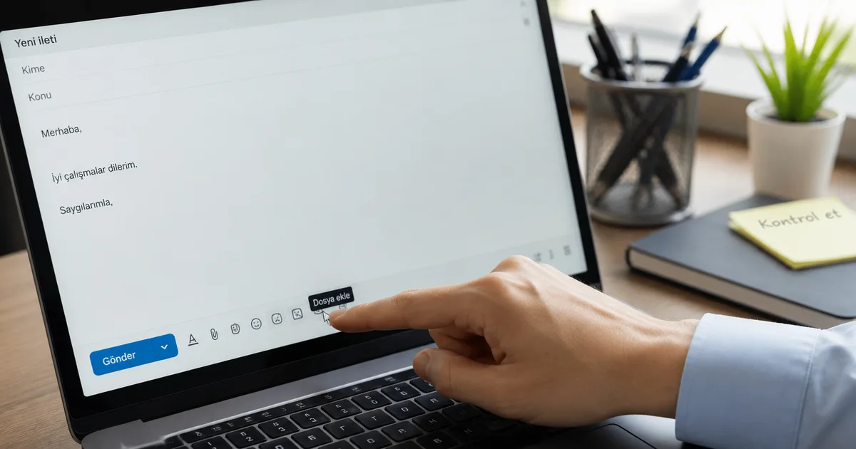 Bilgisayar ekranında açık duran kısa bir e-posta taslağı ve yanında ekleri kontrol eden bir el