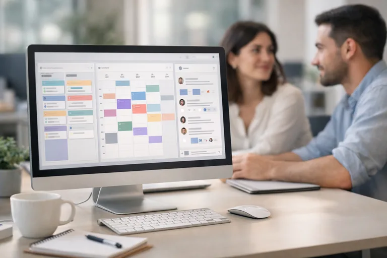 bilgisayar ekranında görev yönetim aracı ve ekip iletişim platformu kullanan çalışan